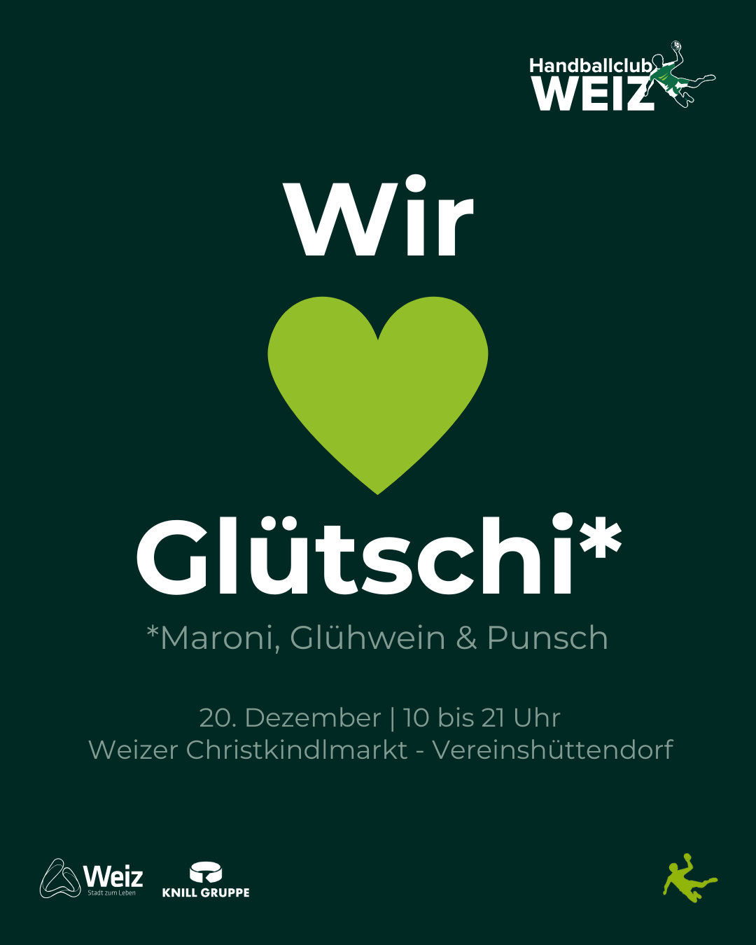 Plakat für eine Veranstaltung 'Wir Glutschi' mit Herzsymbol, Datum, Getränken und Ort.
