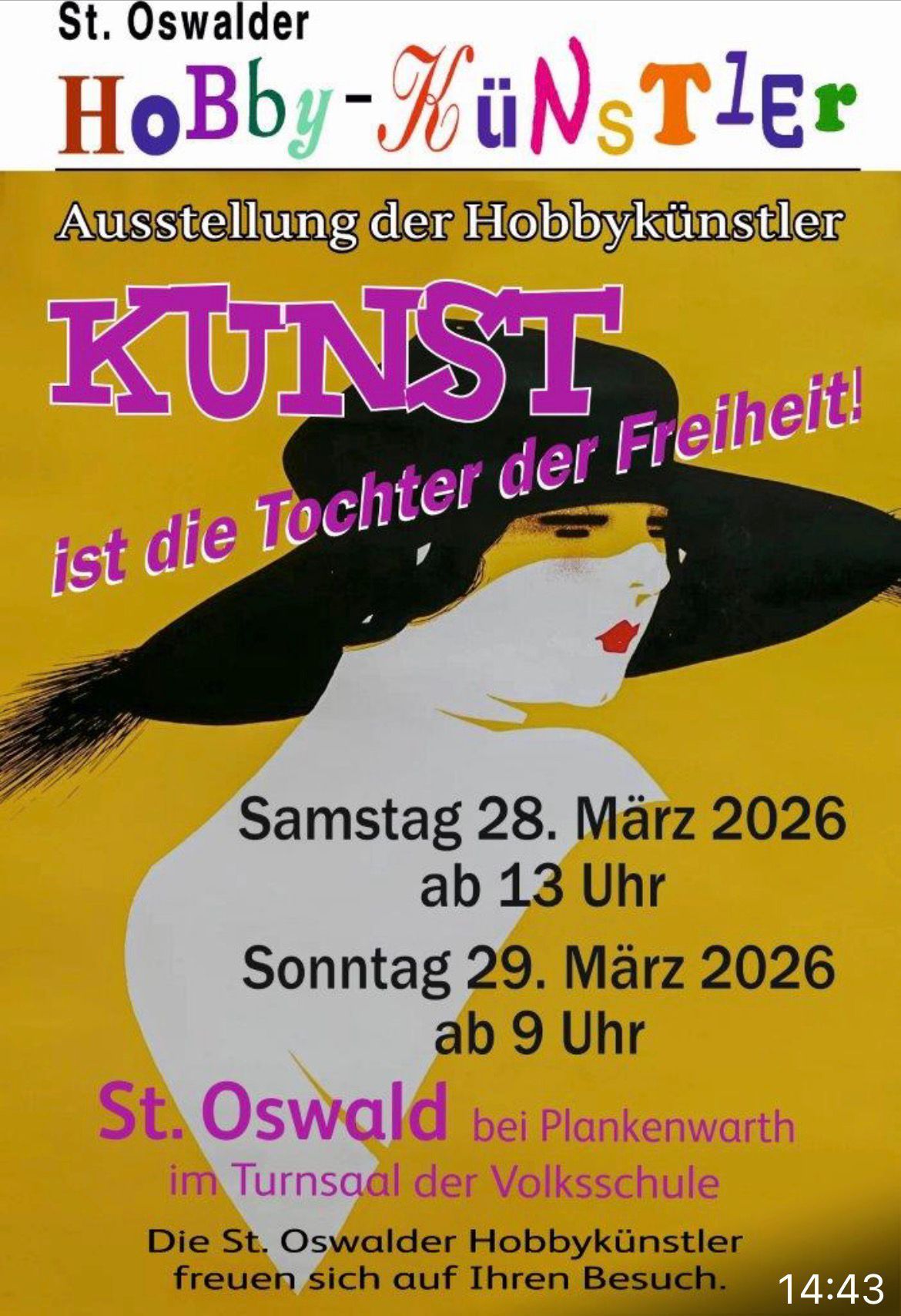 Plakat für eine Kunstausstellung mit einer Frau in einem Hut. Die Ausstellung findet am Samstag, den 28. März 2026, ab 13 Uhr, und am Sonntag, den 29. März 2026, ab 9 Uhr statt.