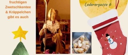 Ein Plakat für einen winterlichen Nachmittagsevent mit Sankt Nikolaus, mit einer Weihnachtsbaumdarstellung, Weihnachtsmann und Snacks. Das Event beinhaltet Geschichten, Tanzen und Singen. Datum und Uhrzeit sind der 5. Dezember 2025, um 15:00 Uhr. Ort ist Strasse, Lederergasse 6.