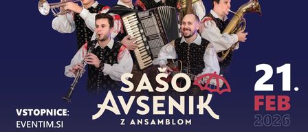 Plakat für das Valentinstagskonzert von Saso Avsenik's Ensemble. Sie tragen traditionelle Kostüme und halten verschiedene Instrumente. Das Plakat hat einen blauen Hintergrund mit weißen Texten.