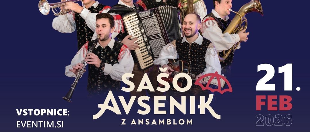 Plakat für das Valentinstagskonzert von Saso Avsenik's Ensemble. Sie tragen traditionelle Kostüme und halten verschiedene Instrumente. Das Plakat hat einen blauen Hintergrund mit weißen Texten.