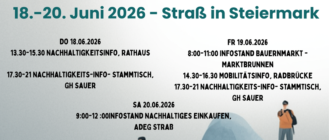 Plakat für die Veranstaltung 'Empowering Communities Nachhaltiges Strab' in Steiermark, 18.-20. Juni 2026. Beinhaltet Details zu Info-Sitzungen und Marktständen.