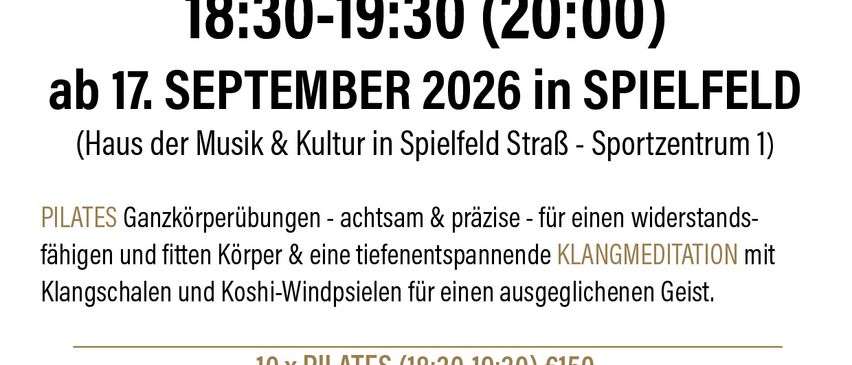 Plakat für Ganzkörpertraining & Klangmeditation donnerstags von 18:30-19:30, beginnend am 17. September 2026 in Spielfeld. Details umfassen Preisgestaltung und Kontaktinformationen.