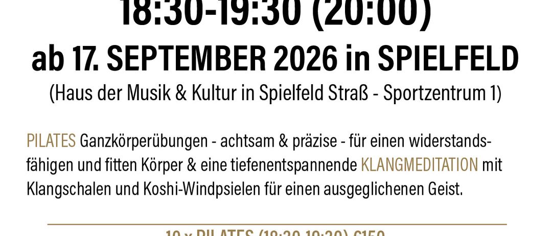 Plakat für Ganzkörpertraining & Klangmeditation donnerstags von 18:30-19:30, beginnend am 17. September 2026 in Spielfeld. Details umfassen Preisgestaltung und Kontaktinformationen.