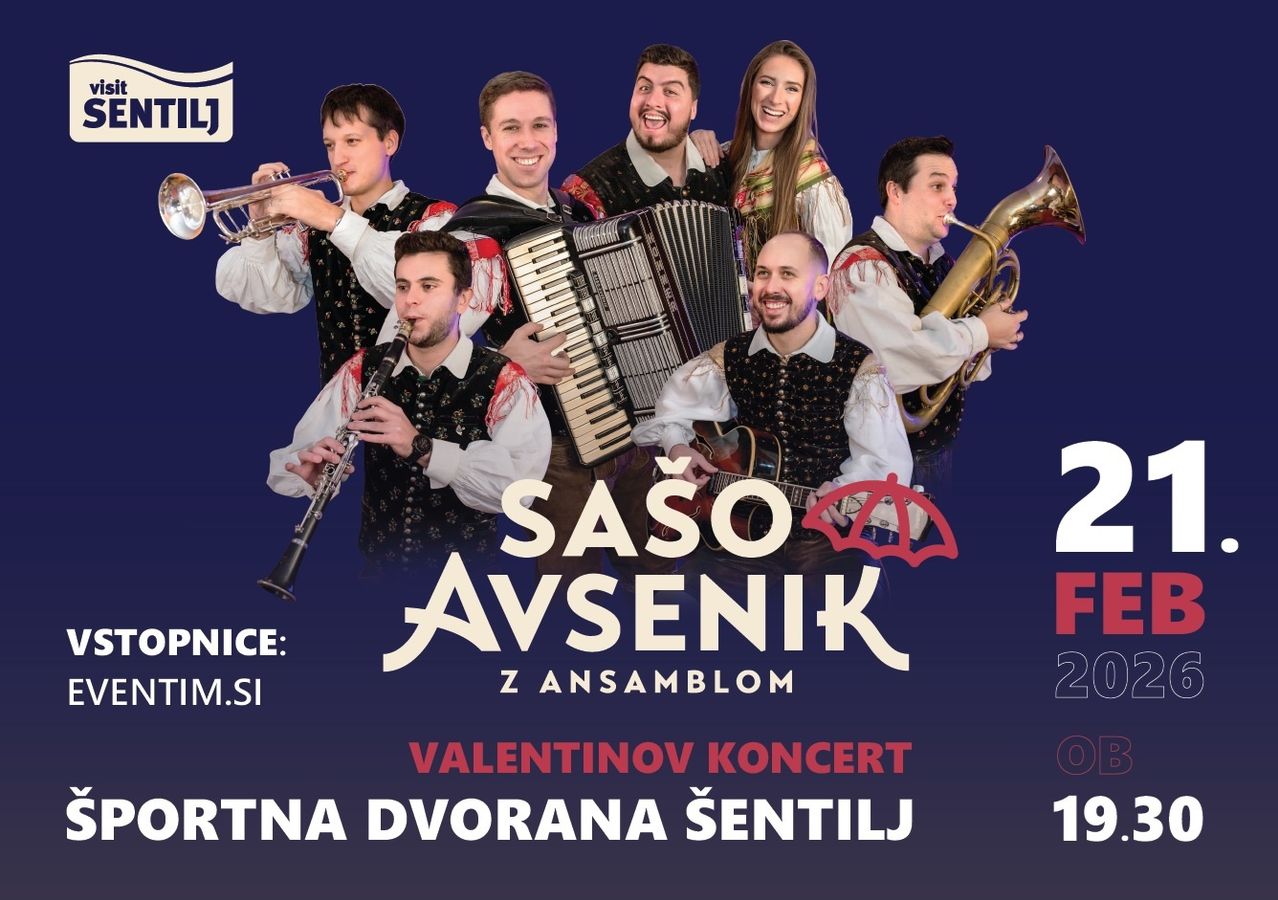 Ein Plakat für das Konzert von Saso Avsenik und Ensemble bei Valentinov. Die Gruppe spielt verschiedene Instrumente. Das Datum ist der 2. Februar 2024.