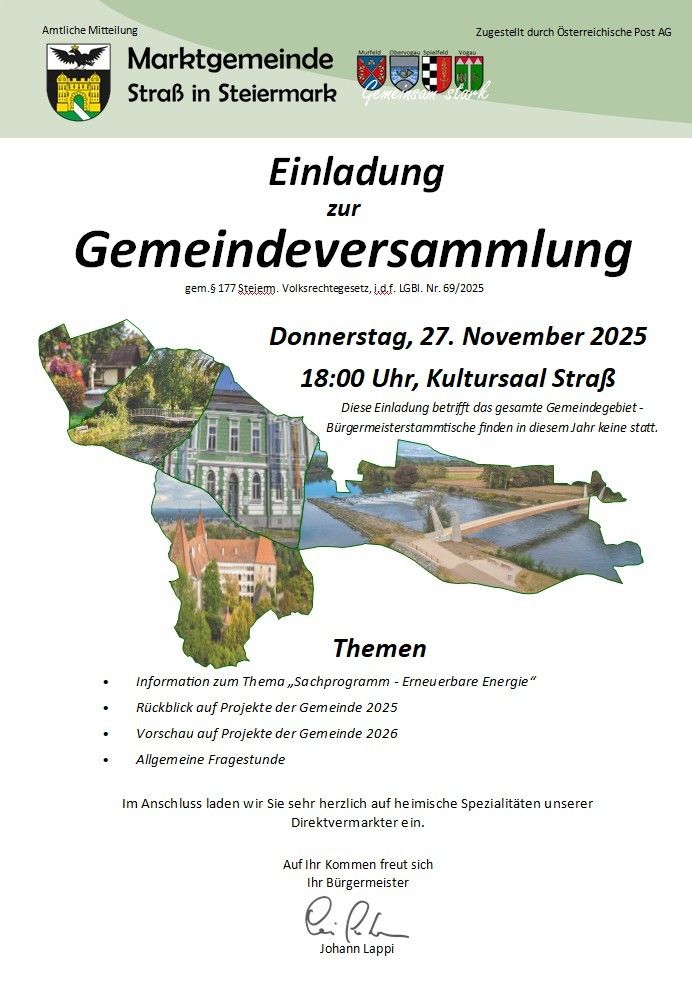Das Plakat lädt zur Gemeindeversammlung am Donnerstag, 27. November 2025, um 18:00 Uhr im Kultursaal ein. Die Veranstaltung umfasst das gesamte Gemeindegebiet, und es finden in diesem Jahr keine Bürgermeisterversammlungen statt. Es werden Themen wie 'Erneuerbare Energie', ein Rückblick auf Projekte 2025 und ein Ausblick auf Projekte 2026 behandelt. Teilnehmer können auch allgemeine Fragen stellen.