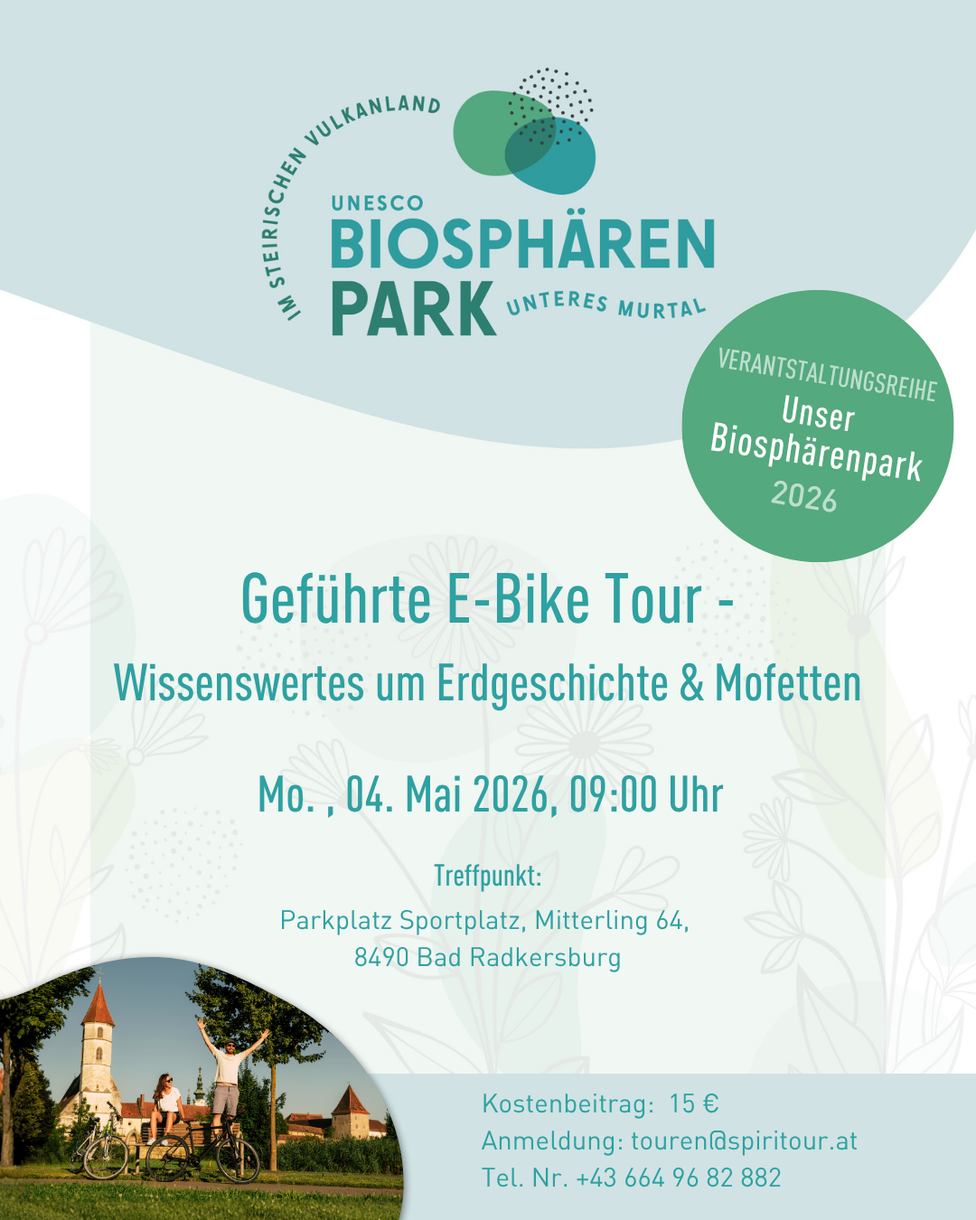 Poster for guided e-bike tour, May 4, 2026, 9:00 AM, meeting at sports field in Mitterling 64, 8490 Bad Radkersburg.