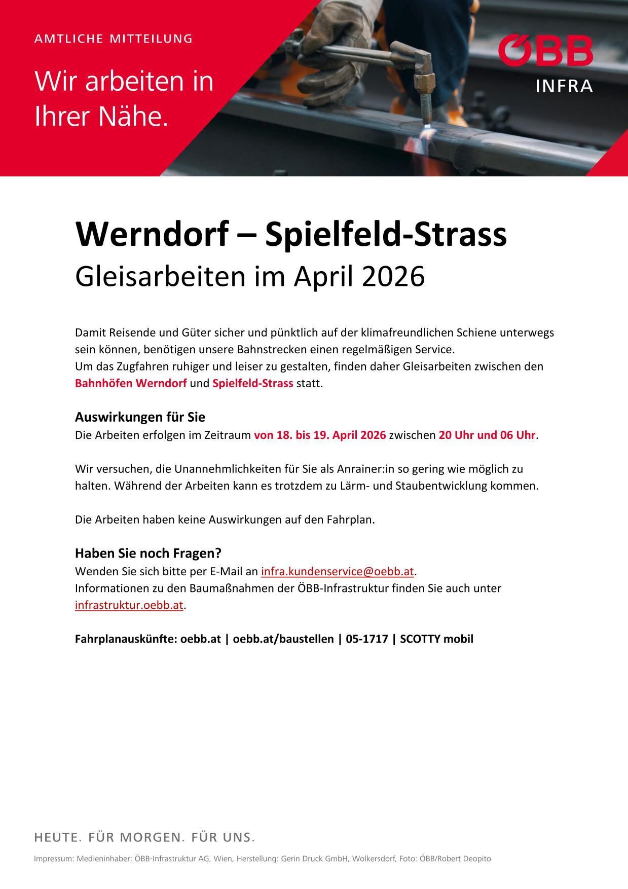 Announcement of rail works at Wendorf-Spielfeld Street in April 2026. The works are scheduled between 18th and 19th April from 20:00 to 06:00. Efforts will be made to minimize inconvenience. Further information can be found at infrastruktur.oebb.at.