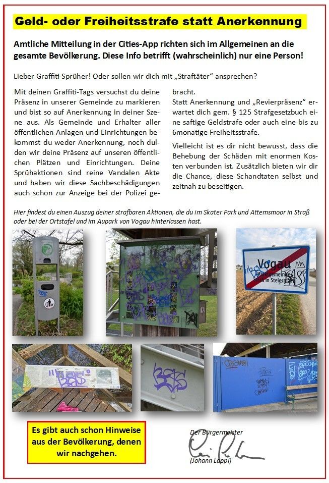 Graffiti artists! Why should we call you 'vandals'? Your tags mark your presence in our community. Recognition and 'review tags' await you. Fines from $125 to six months in jail. Costs of damage repair are high. Report these acts yourself.