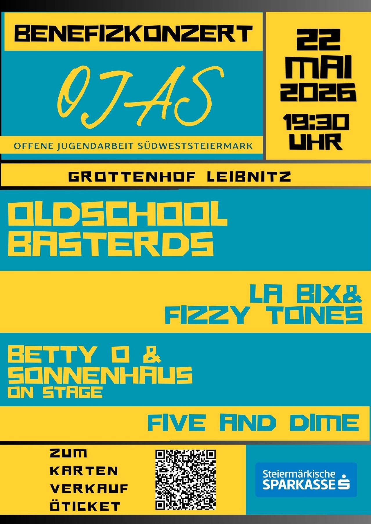 Ein Veranstaltungsplakat für OJAS mit Datum 06.02.2026 und Zeit 19:30 Uhr, mit Bands wie Oldschool Basters und Betty O & Sonnenhaus auf der Bühne.