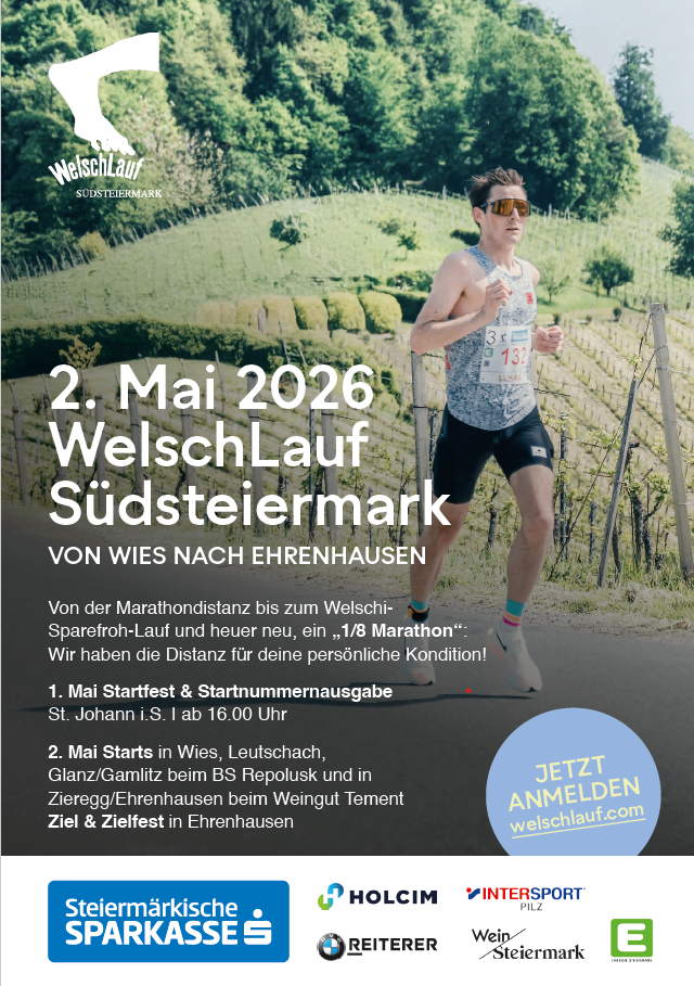 Plakat für den Welschlauf Sudsteiermark Marathon. Ein Mann läuft mit der Nummer 132. Der Marathon findet am 2. Mai 2026 von Wies nach Ehrenhausen statt.