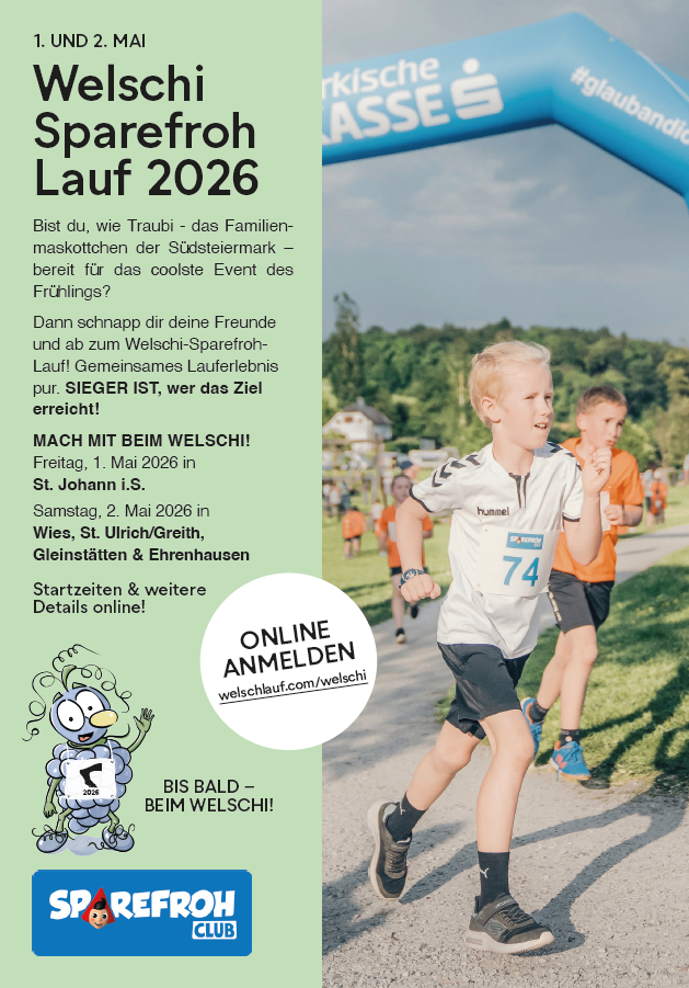Poster für den 'Welsch Sparfrosch Lauf 2026' zeigt einen Jungen, der mit einem Trikot der Nummer 74 läuft, in einer natürlichen Laufumgebung. Details zur Veranstaltung sind online verfügbar.