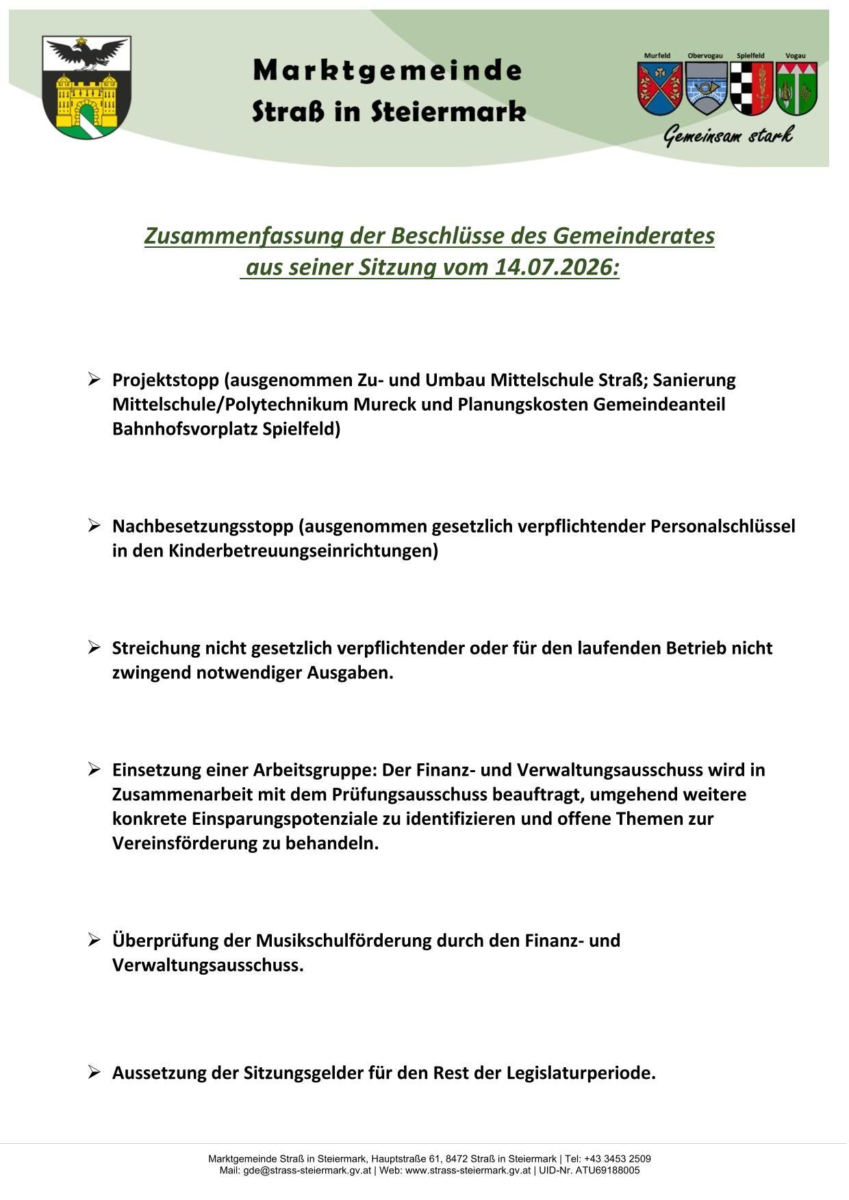Ein Dokument mit dem Titel 'Zusammenfassung der Beschlüsse des Gemeinderates aus seiner Sitzung vom 14.07.2026' listet mehrere Punkte auf, darunter Projektstopps, Budgetstopps und die Bildung einer Arbeitsgruppe zur Identifizierung von Einsparungen und zur Behandlung von Gewerkschaftsthemen.
