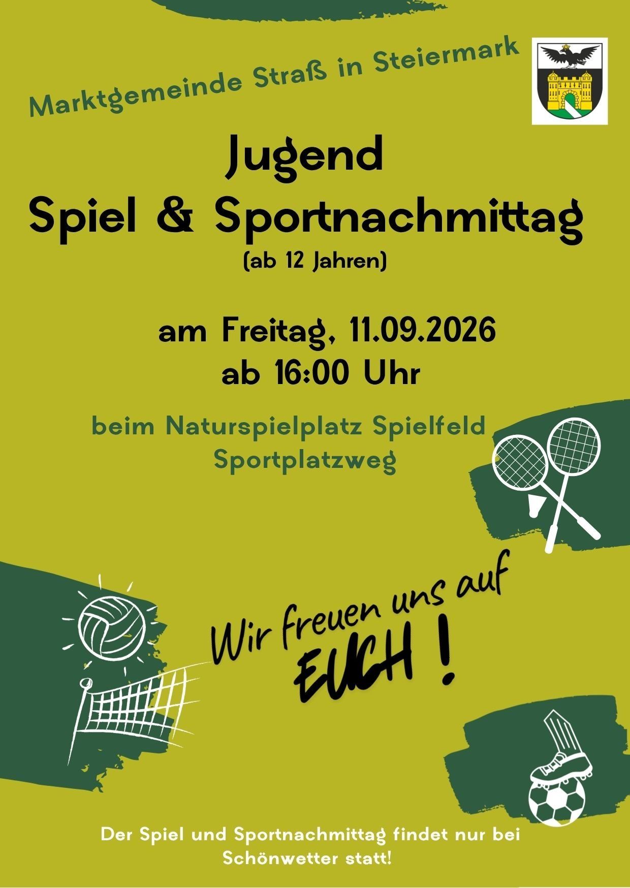 Plakat für eine Jugendsportveranstaltung mit grünem Hintergrund, Sportgeräte-Symbolen und Text auf Deutsch. Die Veranstaltung findet am Freitag, 11. September 2026, ab 16:00 Uhr statt.