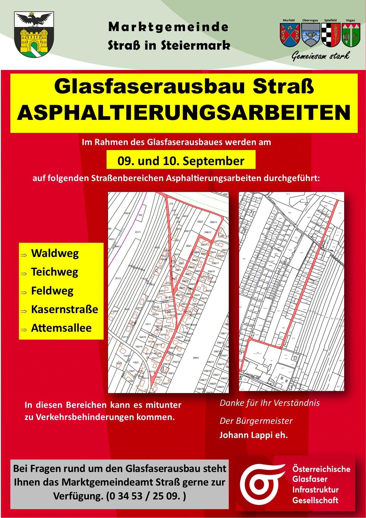 Ein Plakat, das Asphaltierungsarbeiten an Straßen am 9. und 10. September in bestimmten Bereichen ankündigt. Das Plakat enthält eine Karte und listet die Straßen auf, auf denen die Arbeiten durchgeführt werden.