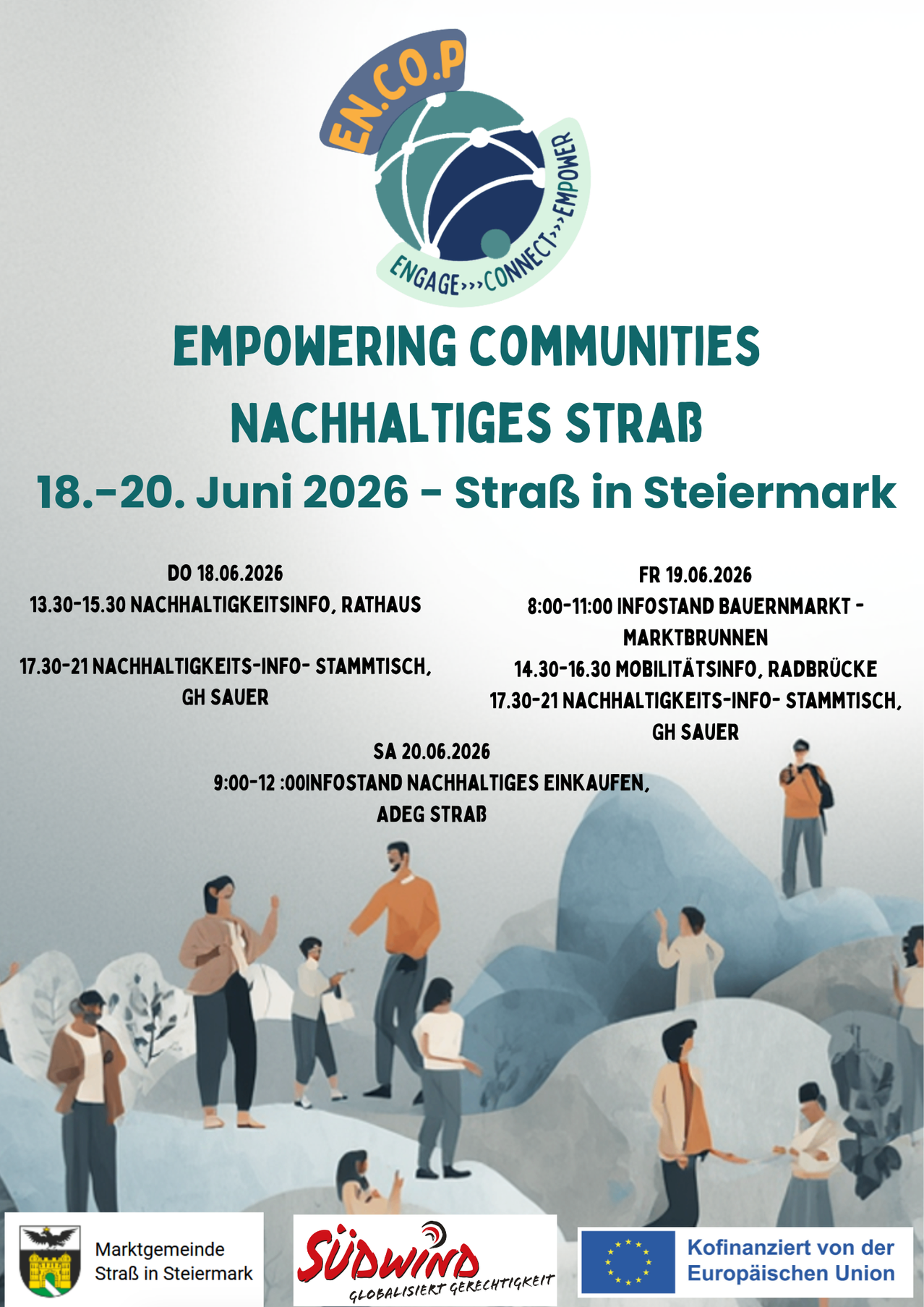Plakat für nachhaltiges Strahl-Event, Termine vom 18. bis 20. Juni 2026. Beinhaltet Info-Sitzungen, Marktstände und Mobilitätsinfos. Mit Illustrationen von Menschen und Gebäuden.