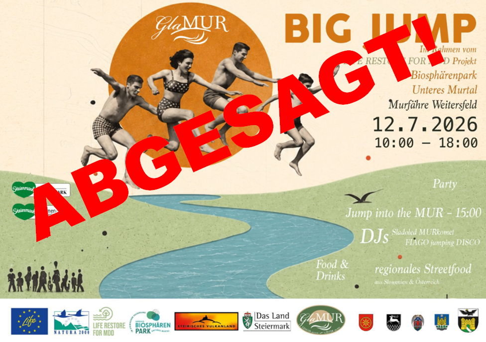 Plakat für ein großes Treffen mit Menschen, die in einen Fluss springen, DJs, Essen und Getränke. Veranstaltung am 12.7 um 10:00.
