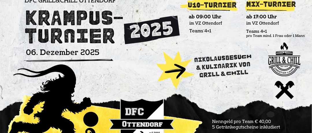 Plakat für das Campus Turner Event 2025 in Ottendorf, mit U10-Turnier, Nikolausbesuch und Grillparty. Anmeldeinformationen und Datum sind angegeben.