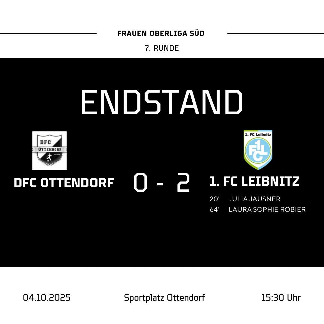 Fußballspielergebnis zwischen DFC Ottendorf und 1. FC Leibnitz. Das Ergebnis ist 0-2, mit Toren von Julia Jausner und Laura Sophie Robier. Datum ist 04.10.2025, Zeit ist 15:30 Uhr.