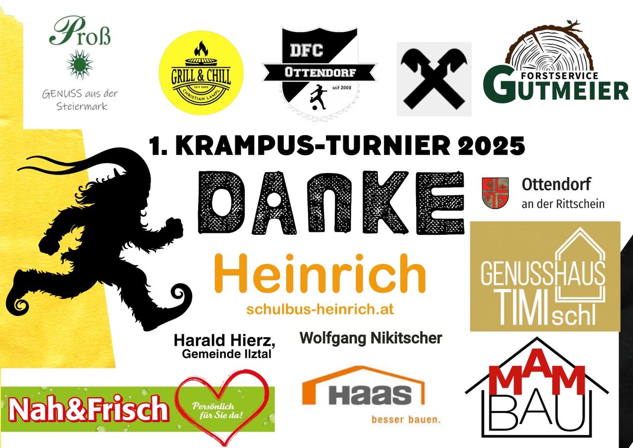 Plakat für die 1. Krampus Turner 2025 Veranstaltung. Zeigt eine Krampus-Silhouette, Sponsorenlogos und eine herzliche Dankesbotschaft.
