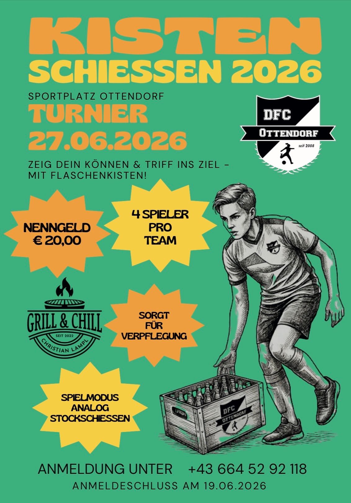 Event flyer for Ottendorf sports field. It is a football tournament on June 27, 2026. It includes four games per team, grill and chill, and a game of bottle kicks.
