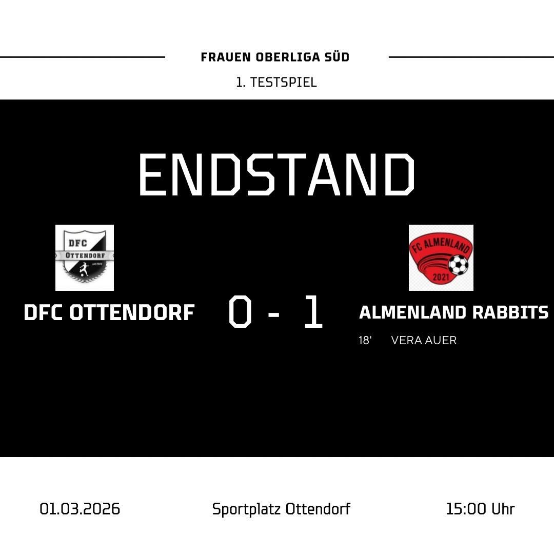 A soccer match result for Frauen Oberliga Sud. DFC Ottendorf lost to Almenland Rabbits with a score of 0-1. Vera Auer scored the winning goal in the 18th minute. The match took place on March 1, 2026, at 15:00 at Sportplatz Ottendorf.