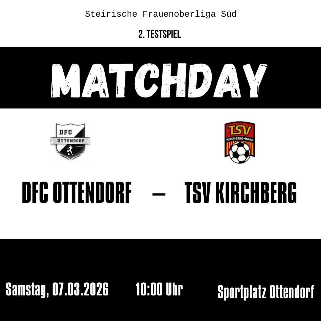 Poster for a women's football match between DFC Ottendorf and TSV Kirchberg, set for Saturday, March 7, 2026, at 10:00 AM at Sportplatz Ottendorf.