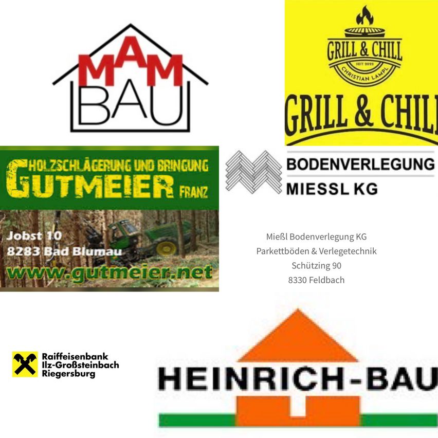 Eine Collage von Logos verschiedener Unternehmen: MAM Bau, Grill & Chill, Gutmeier Franz, Bodenverlegung Miessl KG und Raiffeisenbank Ill-GroBteinbach Riegersburg.