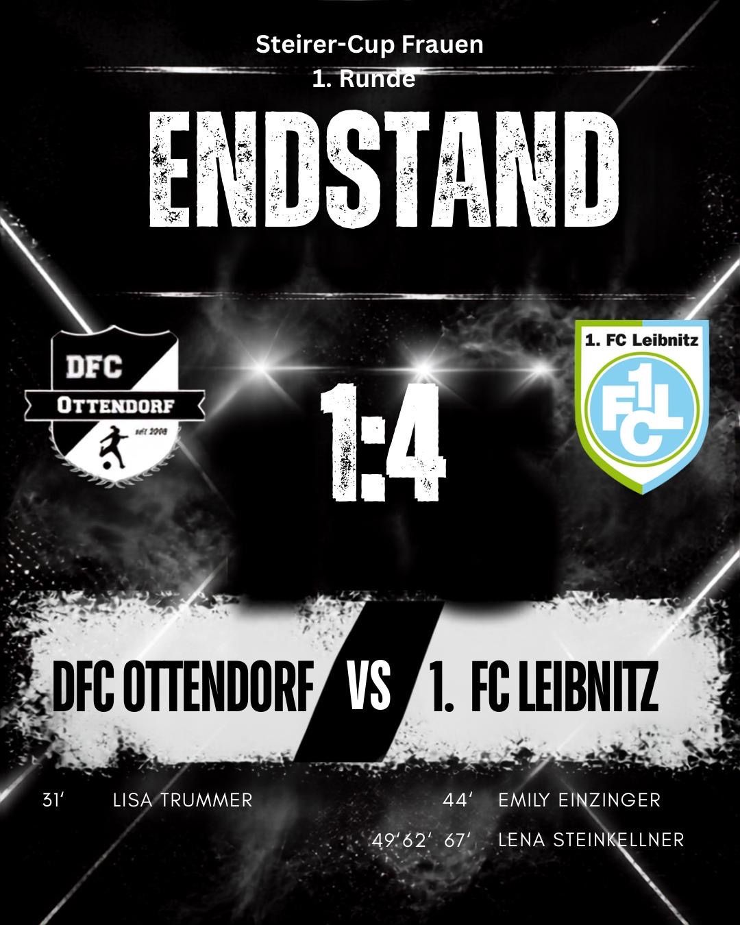 Ein Plakat mit dem Endstand eines Fußballspiels zeigt DFC Ottendorf gegen 1. FC Leibnitz mit einem Ergebnis von 1-4. Das Plakat enthält Teamlogos und Spielernamen.