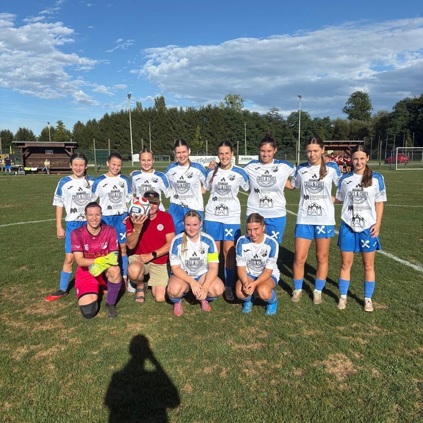A group of female soccer players in matching uniforms pose for a photo on a field with a cloudy sky in the background.