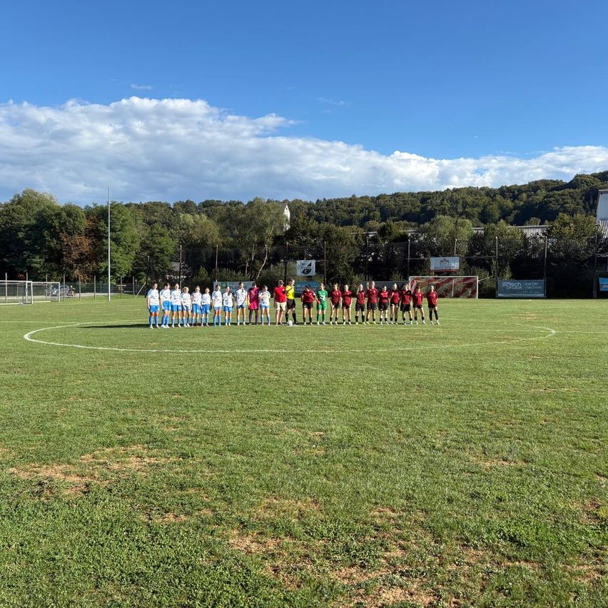 Two soccer teams, one in white and one in red, stand on a field with a white circle, surrounded by trees and a clear sky.