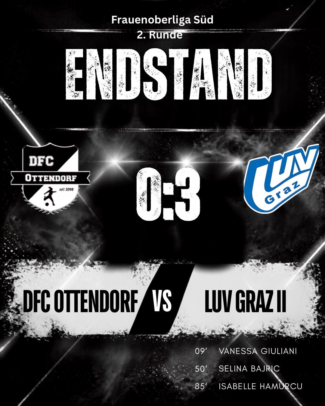 Final score of a soccer match between DFC Ottendorf and LUV Graz II, with a score of 0-3. The image features logos of both teams, a smoke effect, and a referee's name, Vanessa Giuliani.