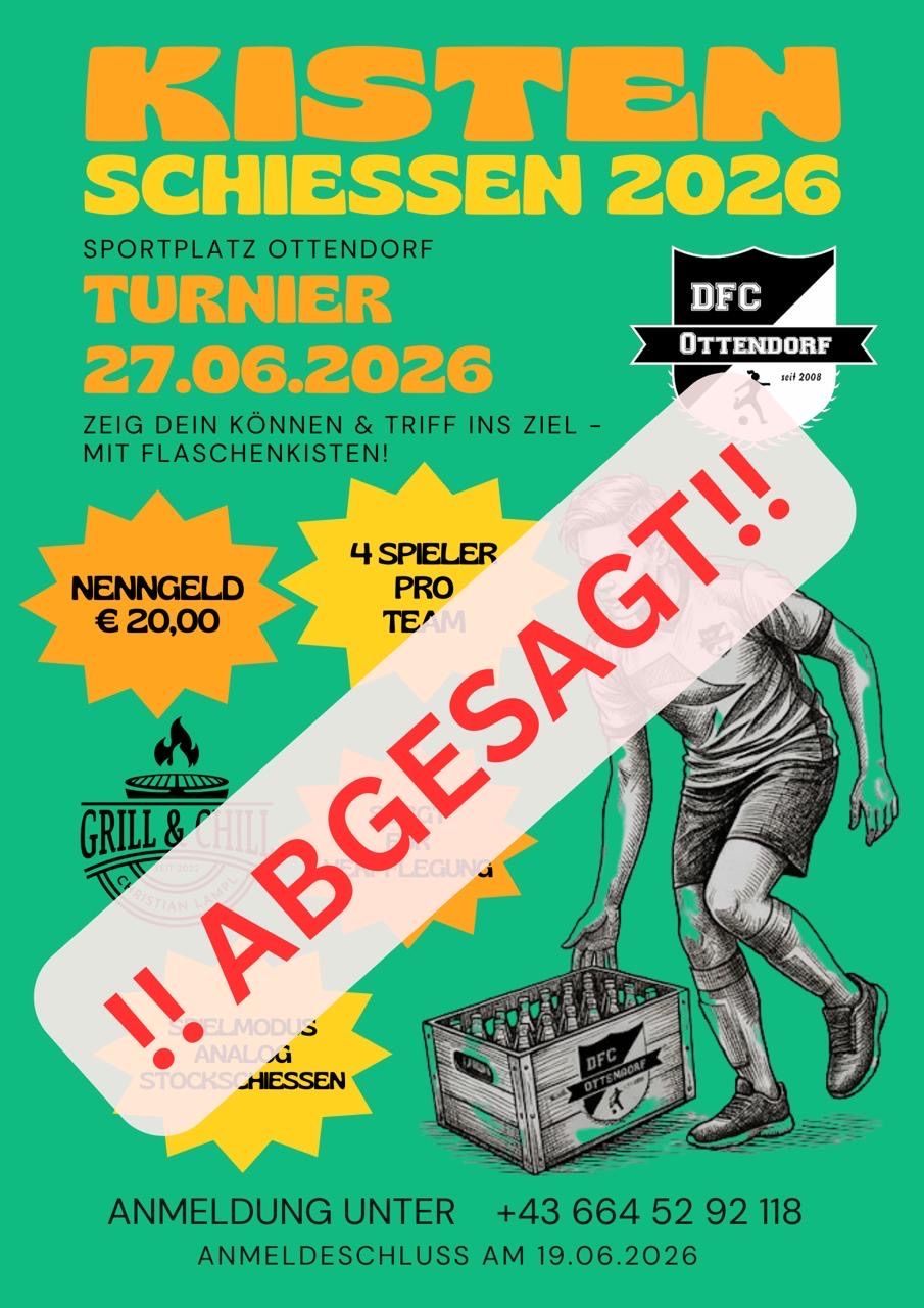 Plakat für das Ottendorfer Sportfestival 2020 mit einem Sportler, einem Grilllogo und einem Kasten mit Flaschen. Das Datum ist der 27. Juni 2026, und es wird ein Turner und eine Profimannschaft erwähnt.