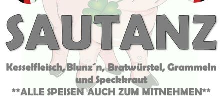 Plakat für die Sautanz-Veranstaltung in der Thermena Arena am 2026 mit Essensangeboten und einem Fußballspiel um 15:00 Uhr.