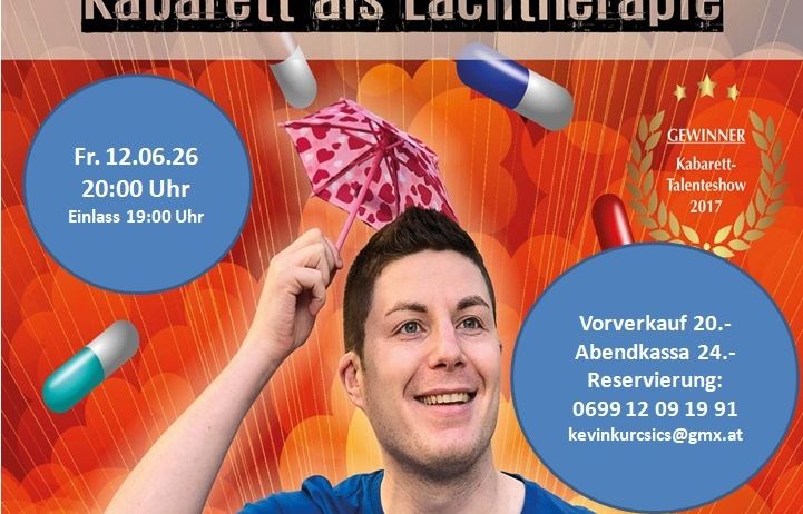 Ein Plakat für Antidepressiva Kabarett als Lachtherapie mit einem Mann, der einen Schirm und eine Flasche hält. Die Veranstaltung ist am 12. Juni um 20:00 Uhr, Einlass um 19:00 Uhr.