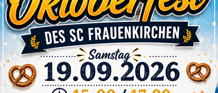 Plakat für das Oktoberfest des SC Frauenkirchen am 19. September 2026 mit Bierkrug, Brezen und Fußballbällen.