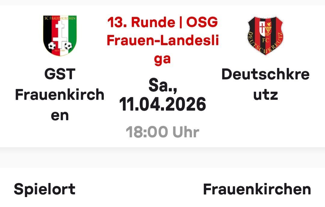 The image shows a sports event between GST and Deutshchirchen on April 11, 2026, at 18:00. It features logos and a date in red and black text.