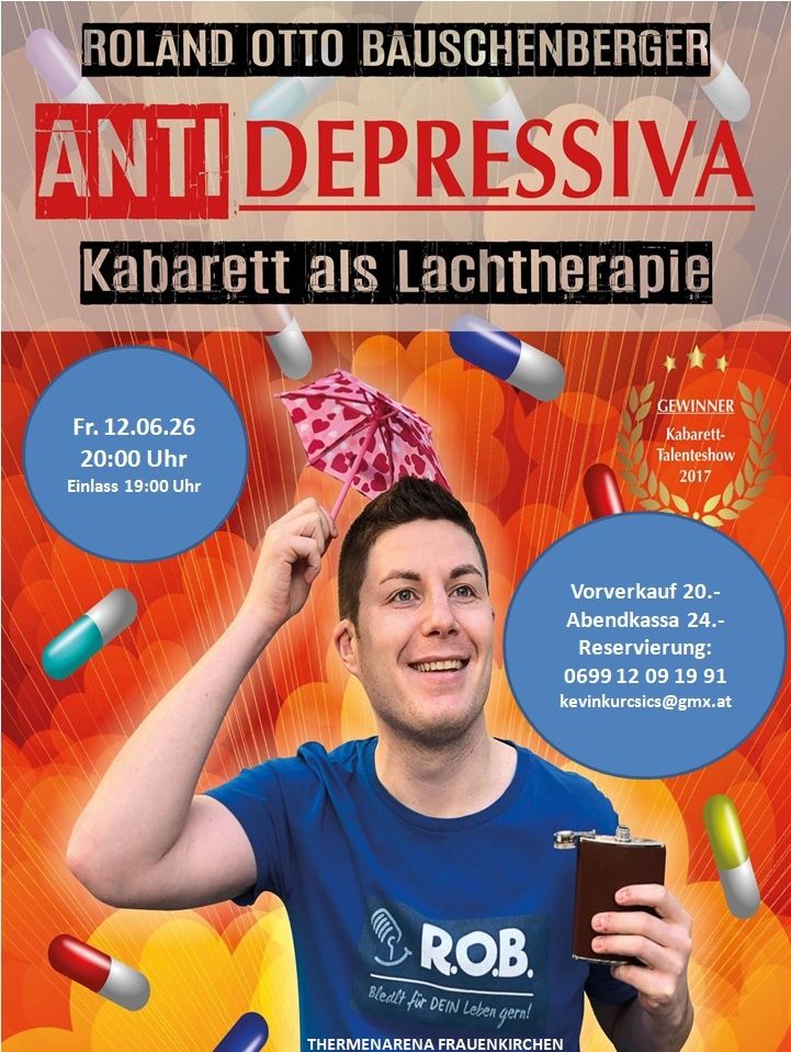 Ein Plakat für 'Antidepressiva', eine Kabarett-Show. Es zeigt einen Mann mit einem Regenschirm und einem Lächeln. Der Termin ist der 12. Juni um 20:00 Uhr. Pillen und ein Trophäensymbol sind vorhanden.