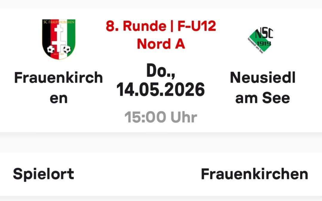 Das Bild zeigt einen Spielplan für ein Fußballspiel. Es beinhaltet die 8. Runde, F-U12 Nord A. Teams sind Genkirch und Neusien. Das Spiel findet am 14. Mai 2026 um 15:00 Uhr statt.
