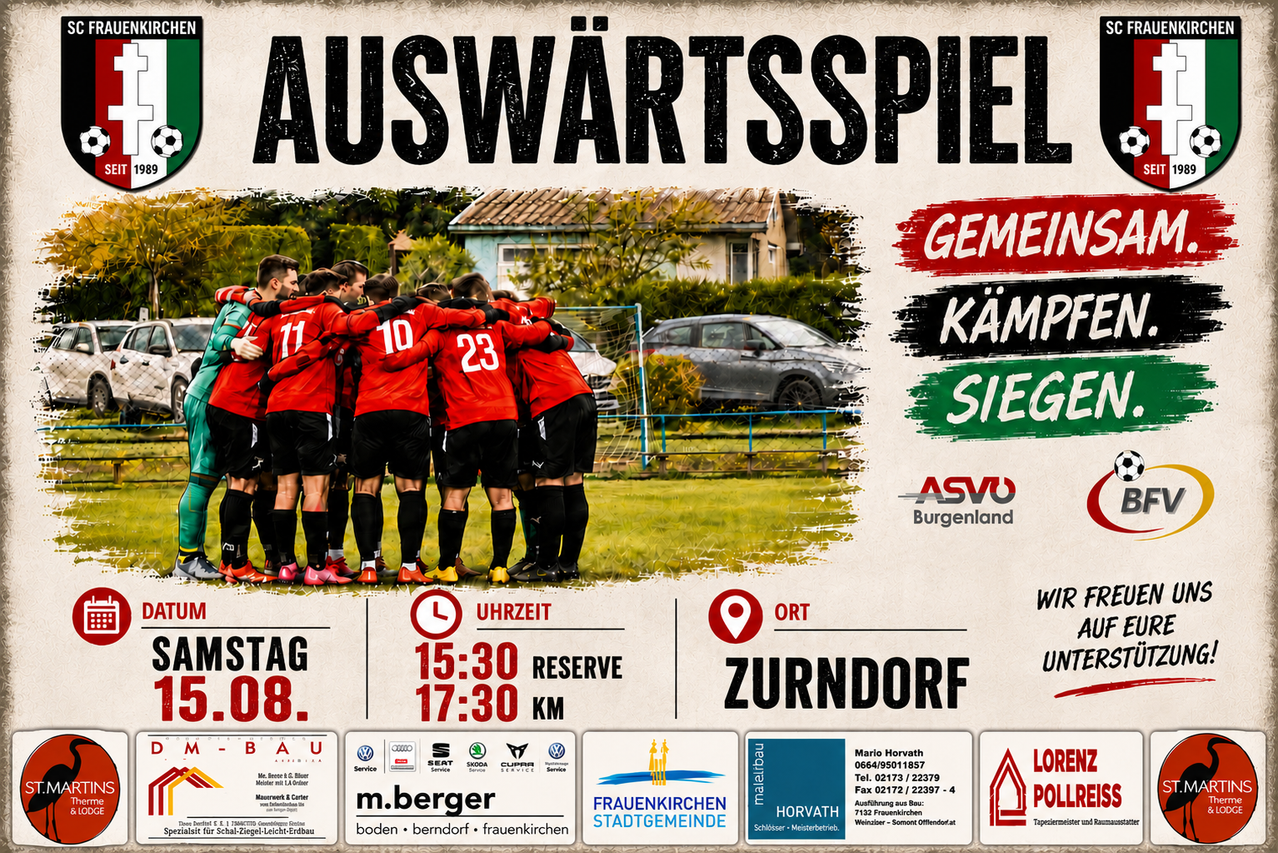 Plakat für ein Fußballspiel in Zurndorf, mit Spielern in roten Trikots, einem Auto und einem Haus im Hintergrund. Das Plakat enthält Details wie Zeit, Ort und Sponsoren.
