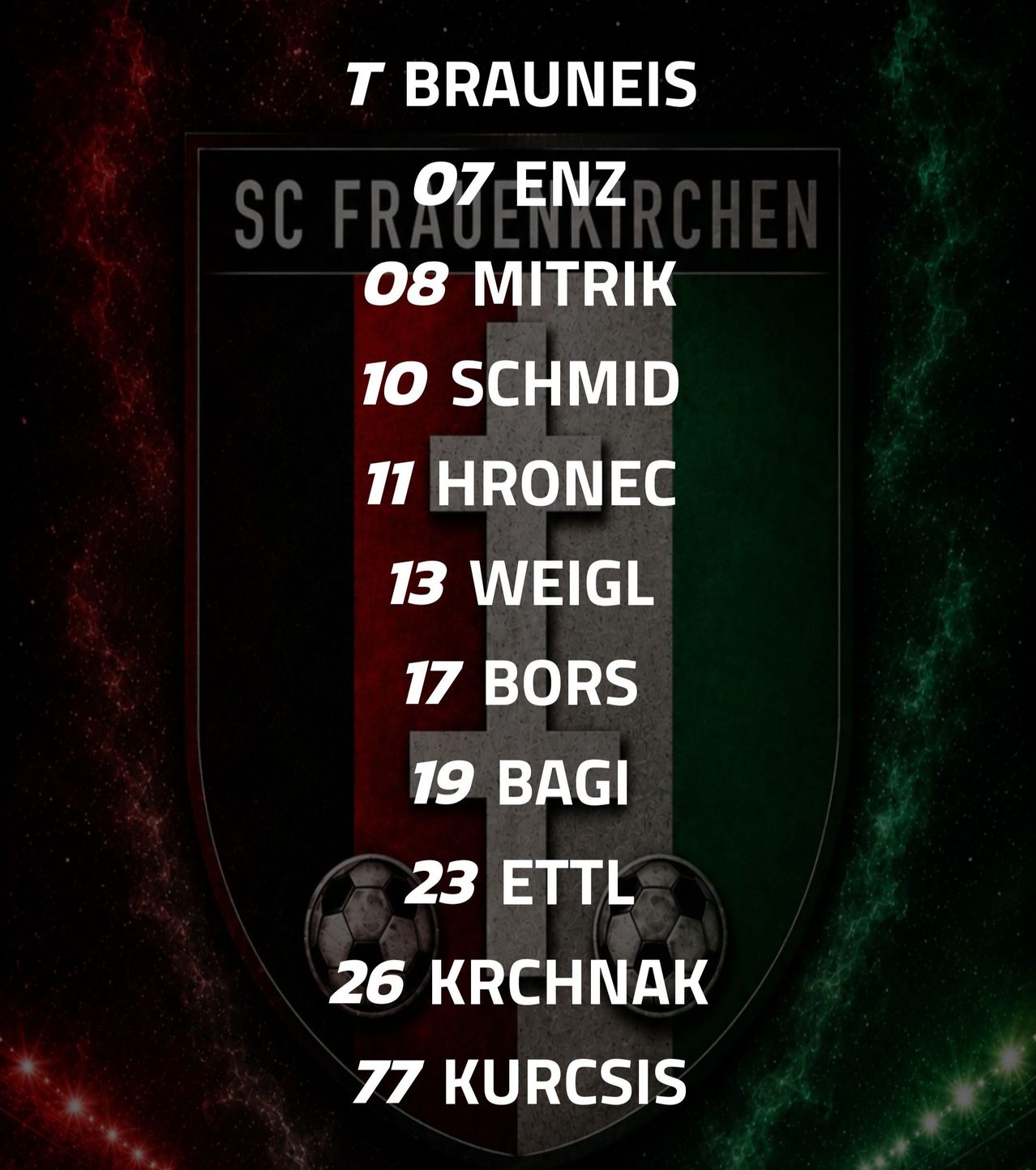 Ein Fußballteam-Kader mit Spielernamen und -nummern auf einem dunklen Hintergrund mit einem Kreuz und Fußballbällen.