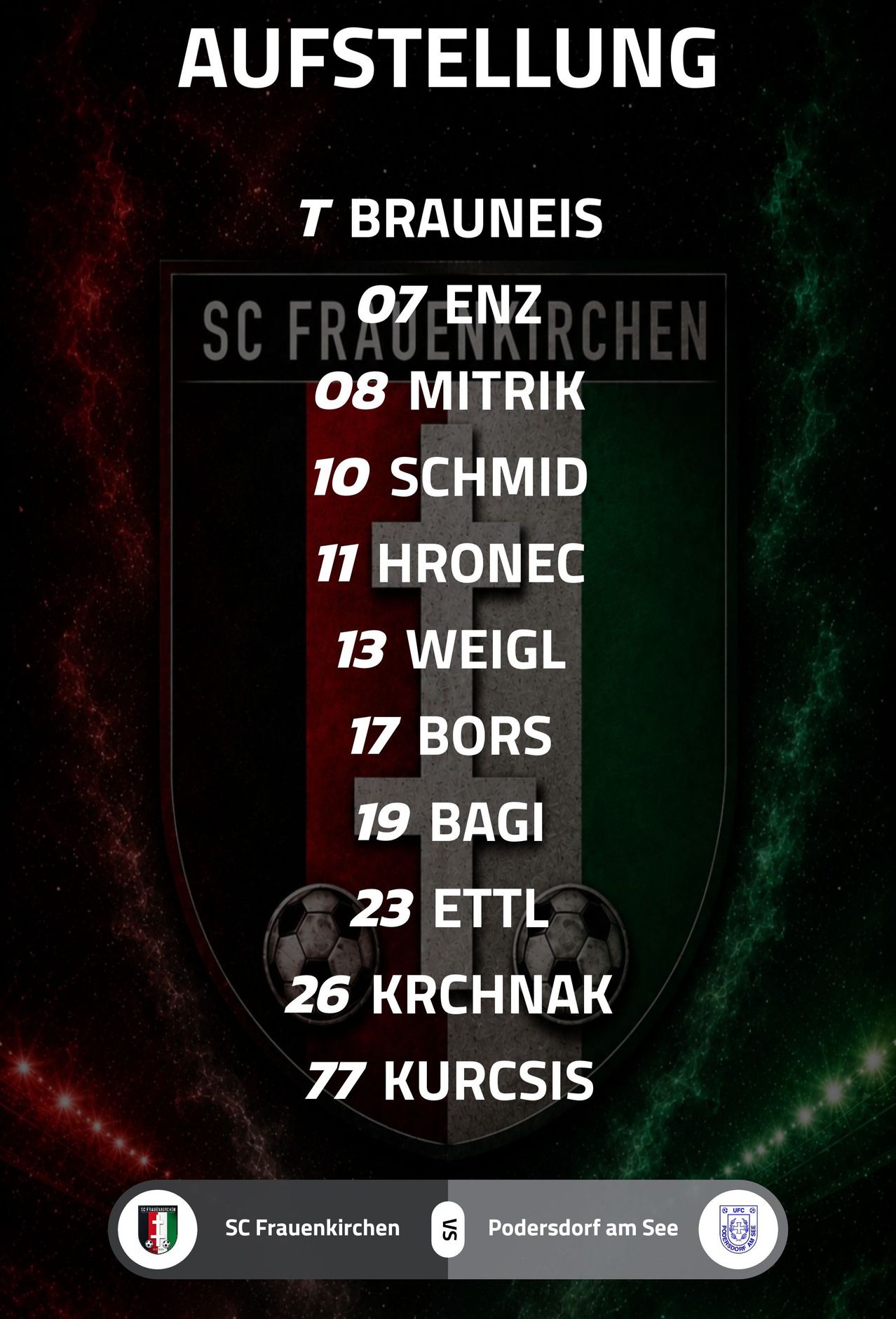 Ein Poster, das das SC Frauenkirchen-Fußballteam mit Spielernummern und Namen auf einem dunklen Hintergrund mit einem Kreuz und Fußballbällen zeigt.