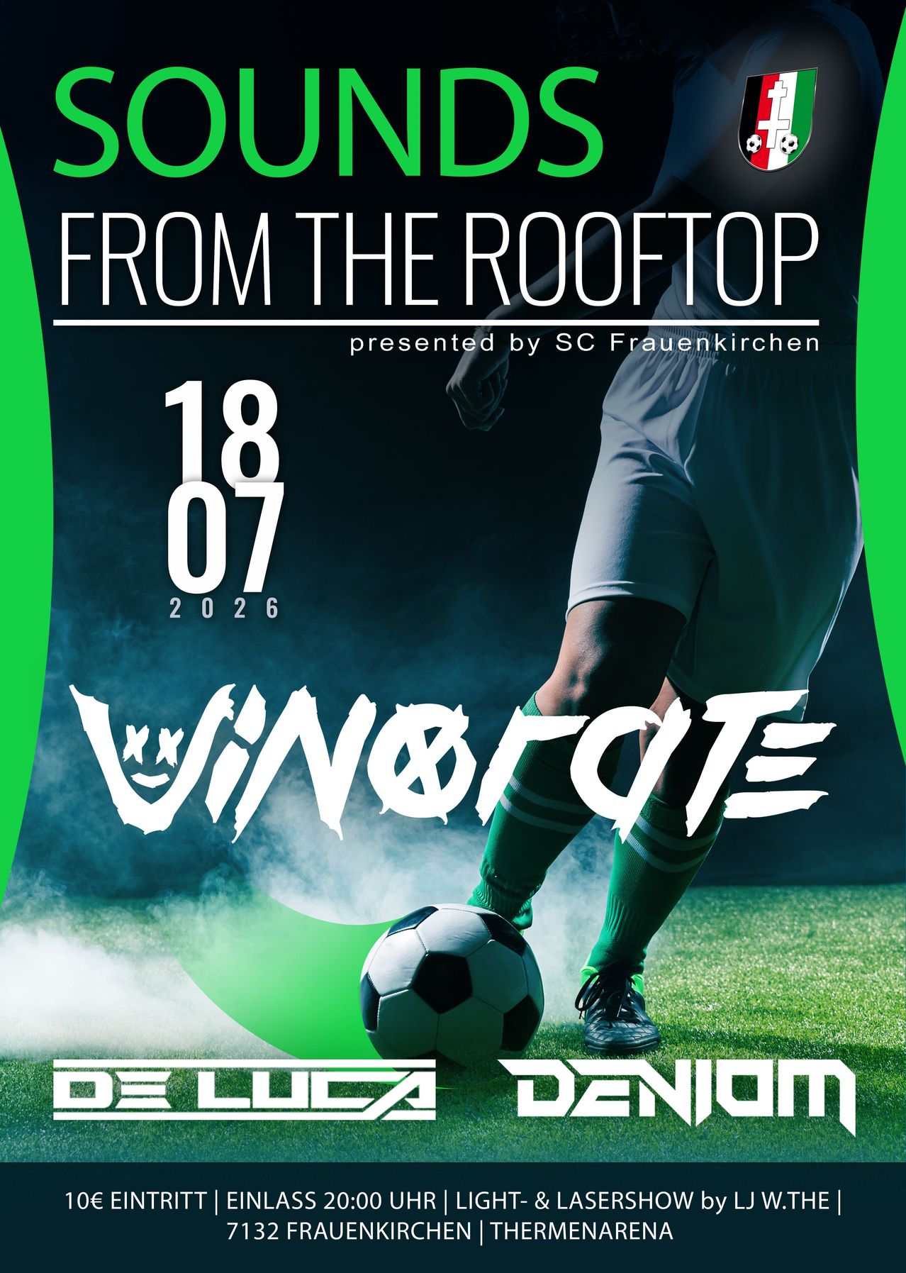 Ein Werbeplakat für die Veranstaltung From The Rooftop am 18. Juli 2026, präsentiert von SC Frauenkirchen, mit einem Fußballspieler auf einem Feld und einem Ball.