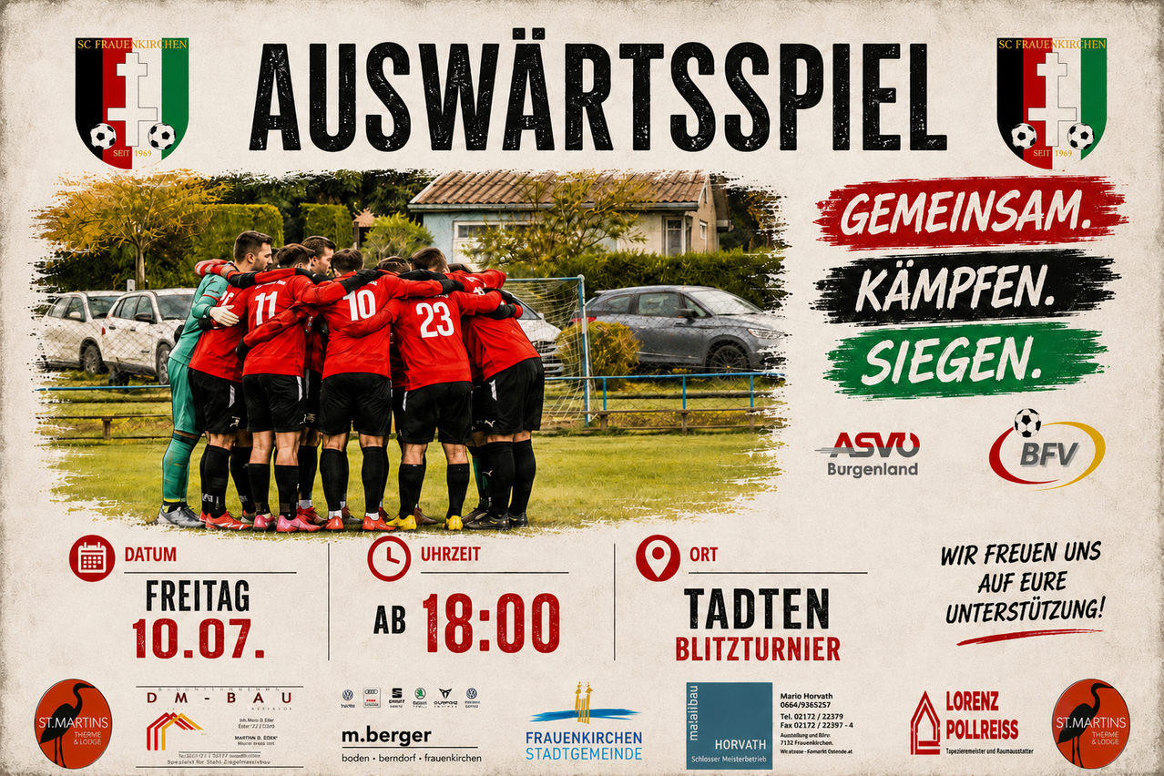An advertisement poster for an away soccer game. The team in red jerseys is standing in a circle. The poster includes the time and location of the match.