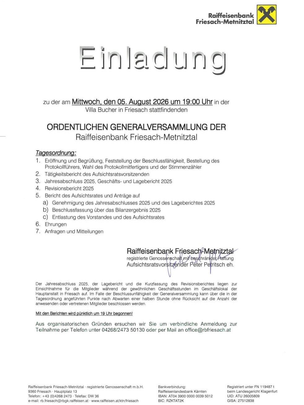 Dokument mit dem Titel 'Einladung' für eine ordentliche Generalversammlung der Raiffeisenbank Friesach-Metnitz am 5. August 2026. Die Tagesordnung umfasst Eröffnung, Genehmigung der Protokolle, Jahresbericht und weitere Geschäfte.
