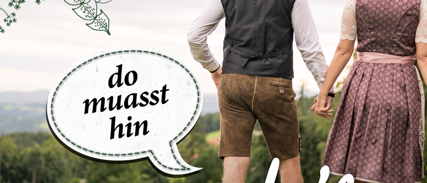 Ein Paar in traditioneller Kleidung steht auf einem Hügel und hält Händchen, mit einem Sprechblase darüber, die 'Du musst Wechselland erleben' lautet.
