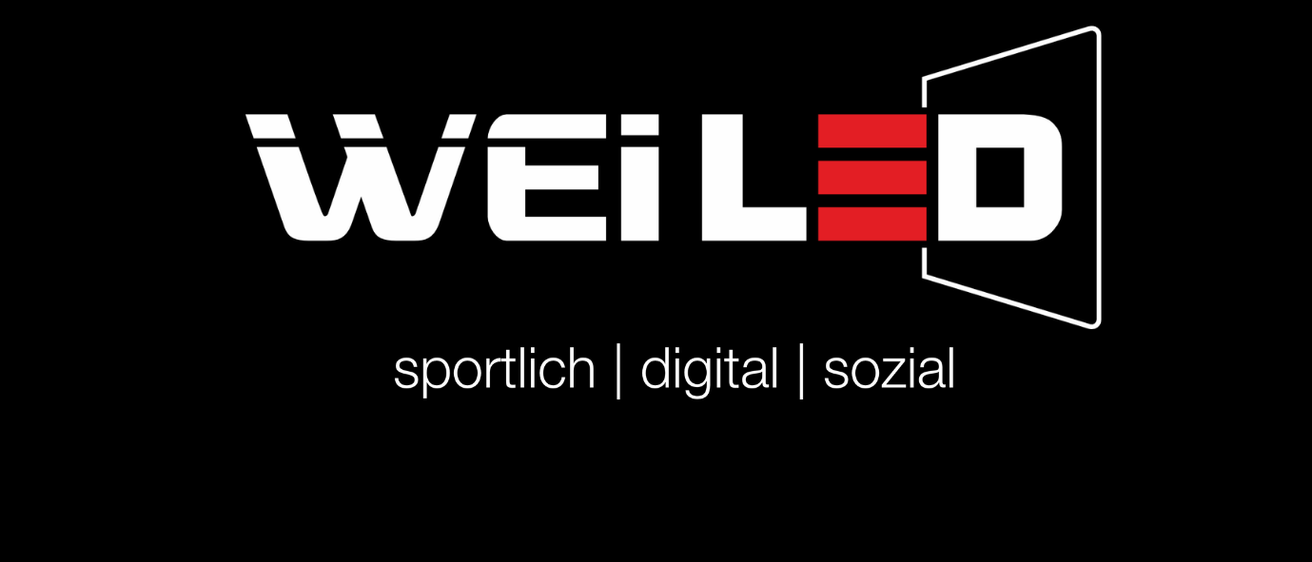 Das WEIL-Logo zeigt den Schriftzug 'WEIL' in großen weißen Buchstaben auf schwarzem Hintergrund. Darunter steht in kleineren weißen Buchstaben 'sportlich | digital | sozal'. Der Schriftzug 'WEIL' enthält ein rotes und weißes rechteckiges Element.