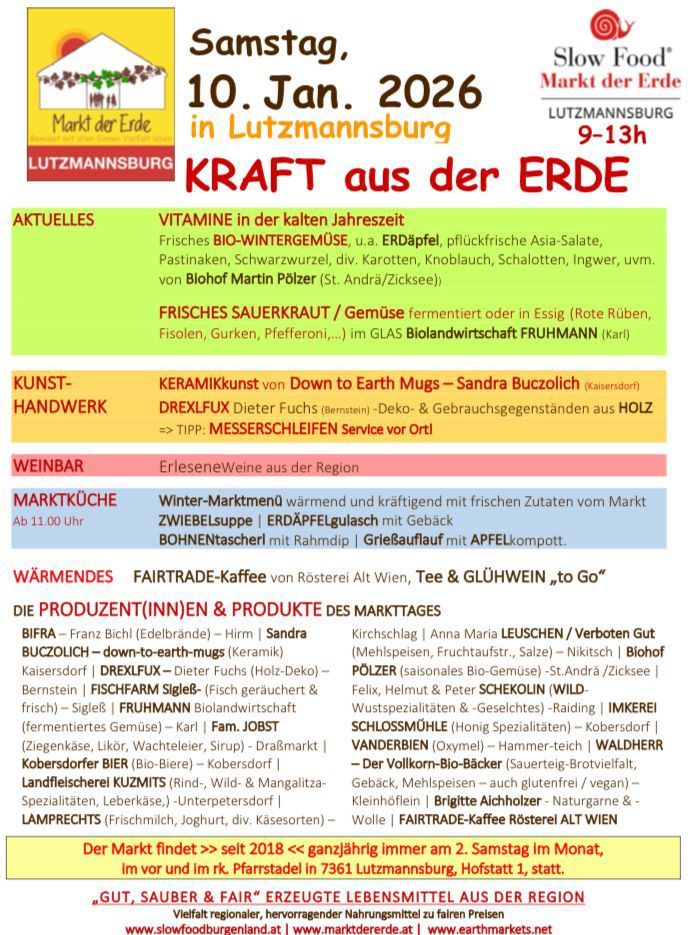 Marktveranstaltung in Lutzmannsburg am 10. Januar 2020. Beinhaltet frische Bio-Wintergemüse, Kunst und Handwerk, Weinbar und Marktküche. Anbieter sind Biohof Martin Polzer, Biolandwirtschaft Fruhmann und andere.