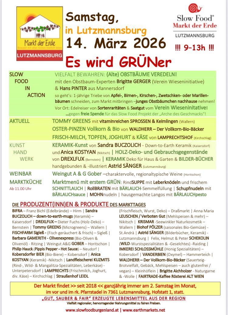 Event poster for a market on March 14, 2020, from 9-13h, at Luttmannsburg. The event features old fruit trees, market produce, food, and crafts. Local vendors include Tommy Greens, Lamprechtshop, Sandra Buczolich, and others. The market opens at 11 AM.