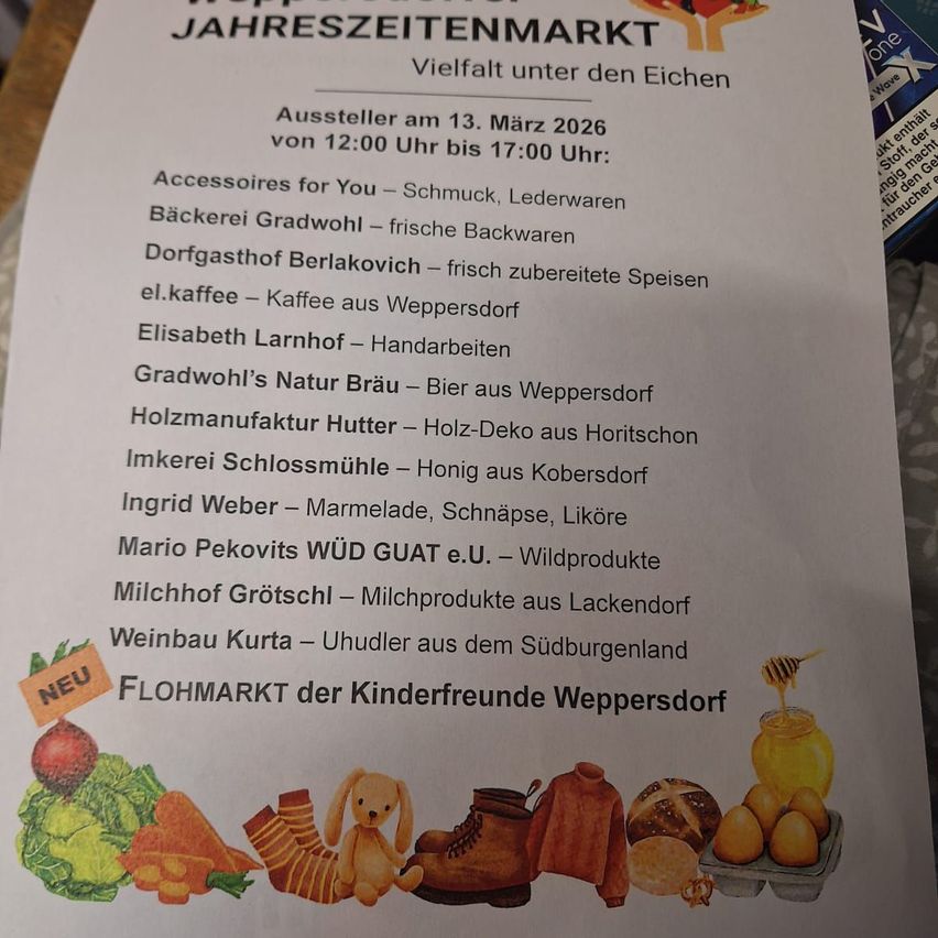 A poster for the Jahreszeitenmarkt event in Weppersdorf on March 13, 2026, from 12:00 to 17:00. Features a list of vendors offering handmade items, baked goods, and local produce. Images include honey, eggs, bread, and other farm products.